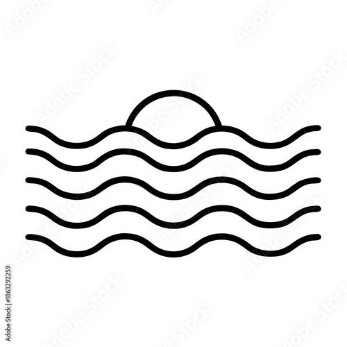 Flat Vector Ocean Waves with a Rising Sun in Minimal Style