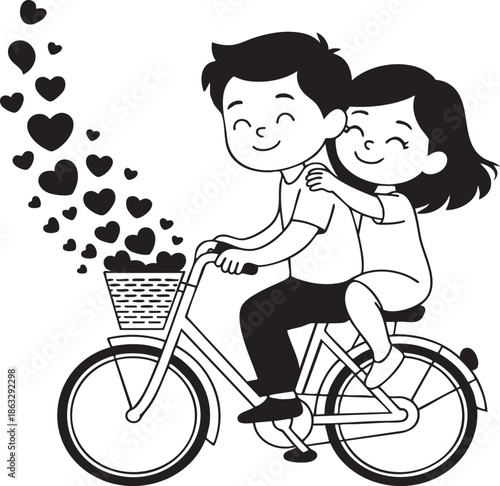Happy Couple Riding Bicycle Together With Hearts Illustration