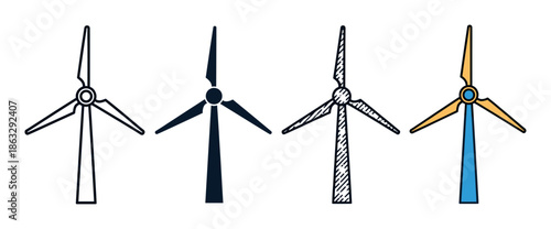 Collection of four wind turbine icons in various design styles, featuring a clean outline, a solid glyph, a sketched version, and a colorful flat illustration