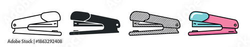 Set of four stapler icons presented in various graphic design styles including simple line art, a solid black silhouette, a hatched pattern, and a colorful cartoon version