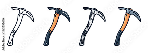 Set of four ice axe illustrations in various styles including line art, color, and engraving for mountaineering and climbing concepts, presented as a collection of icons