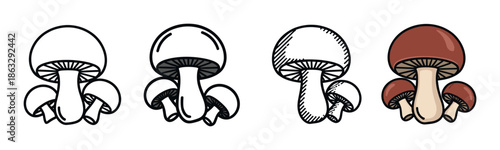 Four different styles of mushroom vector icons, including a simple outline, shaded gills, hand-drawn hatching, and a full-color version of the fungi cluster