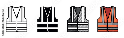 Reflective safety vest icon set with four different styles including outline, glyph, hatched, and a vibrant orange color version for workwear concepts