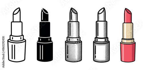 Set of five lipstick illustrations showing different artistic styles, including simple line art, a black silhouette, hand-drawn hatching, and a full-color version