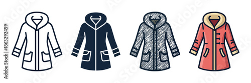 Winter coat and anorak icon collection presented in four distinct artistic styles: simple line art, solid glyph, hand-drawn sketch, and a full-color cartoon illustration