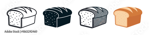 Set of four bread loaf icons showing different graphic styles including outline, solid glyph, hatched, and full color vector illustrations for bakery or food concepts