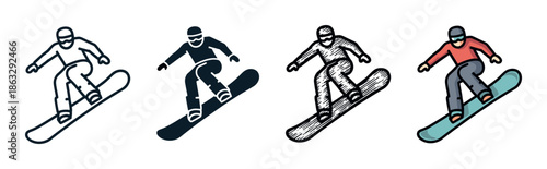 Snowboarder icon set in four different graphic styles including outline, silhouette, hand-drawn sketch, and full color cartoon, depicting a dynamic athlete in action