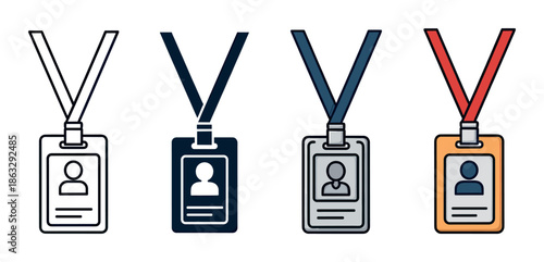 ID badge icon set with lanyards showing four different design styles including line art, solid glyph, and colorful cartoon illustrations for corporate identity and security concepts