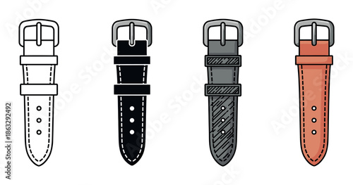 Four watch strap variations in different styles including line art, silhouette, and color illustrations showing a classic buckle design and stitching details in a flat vector set