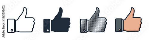 Set of four thumbs up icons showing approval, with different design styles including outline, solid fill, hatched pattern, and a full color vector illustration for social media