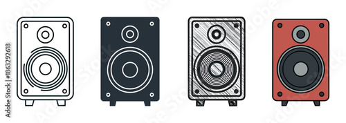 Set of four audio speaker illustrations showing different graphic styles including outline, silhouette, hand-drawn sketch, and flat color design for music and sound concepts