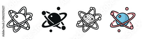 Set of four atom icons in different graphic styles including outline, solid glyph, hand-drawn sketch, and color, illustrating science, physics, and technology concepts