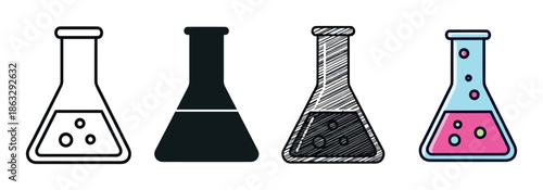 Set of four laboratory flask icons showing different artistic styles including outline, silhouette, hand-drawn sketch, and a full color cartoon design for science concepts