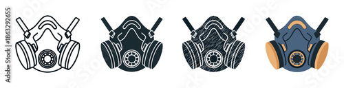 Respirator gas mask icon set with four different design styles, including a simple outline, a solid black silhouette, a textured version, and a colored flat illustration