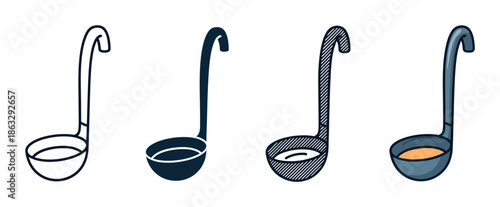 Set of four soup ladle icons showing different graphic styles including line art, glyph, sketch, and a full color cartoon illustration for cooking and food concepts
