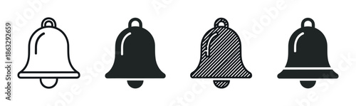 Set of four black bell icons in different graphic styles including outline, solid fill, and hatched for user interface notifications, alerts, and reminders on digital platforms