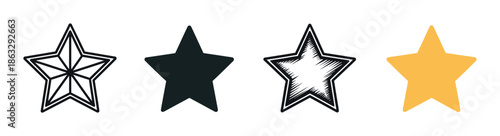 Collection of four star icons in different graphic styles, including a geometric outline, a simple black silhouette, a hand-drawn sketch, and a flat yellow symbol for rating
