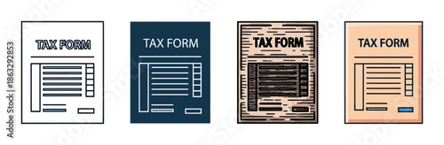Four stylized tax form vector illustrations in a set showing different design styles including outline, inverse, sketch, and flat color for financial and business concepts
