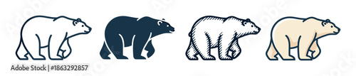 Set of four polar bear illustrations shows different graphic styles including minimalist line art, a solid silhouette, a sketched version, and a simple color fill