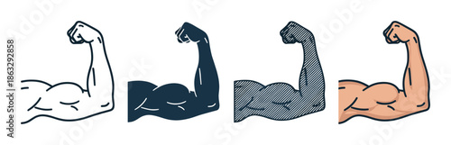 Set of four flexed bicep arm icons showing different graphic styles including line art, silhouette, hatched texture, and full color illustration for strength concepts