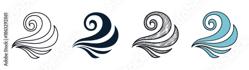 Set of four stylized wave icons in various artistic styles including minimalist outline, solid silhouette, hand-drawn sketch, and simple color fill for graphic design