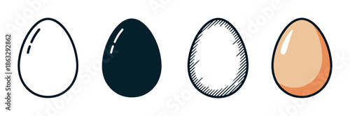 Set of four egg icons presented in various graphic styles, including simple line art, a solid silhouette, a hand-drawn sketch, and a flat color cartoon illustration