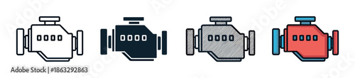 Car engine icon set in four different styles including line art, solid glyph, hatched sketch, and colored versions for graphic design and web interface elements