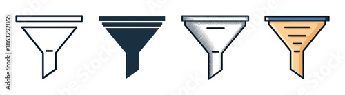 Four funnel icons in different graphic styles, including outline, solid glyph, hand-drawn sketch, and color fill, representing data filtering and conversion