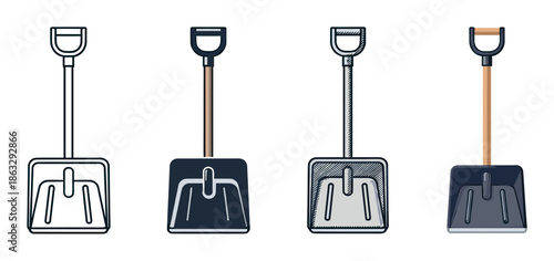Set of four snow shovel icons presented in various artistic styles including line art, flat color, and hand-drawn sketch for winter cleaning and removal concepts