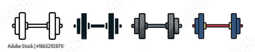 Dumbbell icon set with four different styles including simple outline, solid silhouette, hatched sketch, and colorful flat design variations for fitness and gym applications