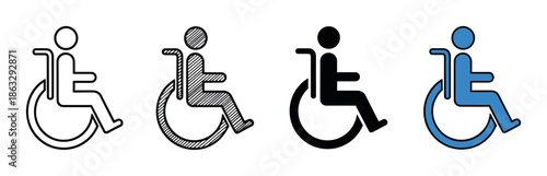 Set of four wheelchair accessibility icons showing different design styles including outline, hatched fill, solid black silhouette, and blue color for universal access concepts