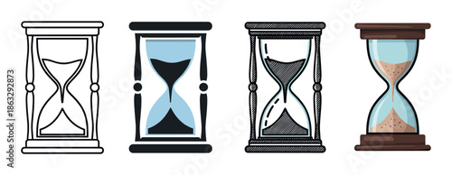 Set of four hourglass illustrations showing various design styles from simple line art and silhouette to a hand-drawn sketch and a full-color cartoon version