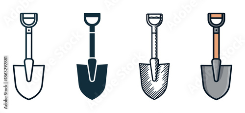 Collection of four shovel tool icons in various graphic styles, featuring outline, solid silhouette, hand-drawn sketch, and colored flat design symbol illustrations