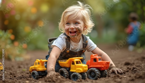 Wallpaper Mural Happy blond toddler plays with toy trucks in garden dirt. Messy child enjoys outdoor fun with construction vehicles. Boy laughs, explores nature, learns through play. Torontodigital.ca