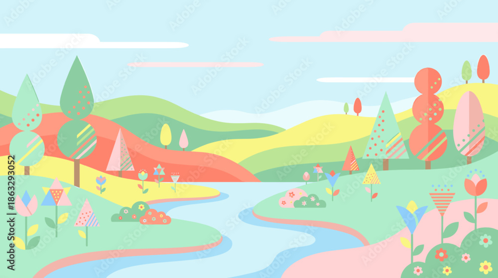 Naklejka premium A stylized landscape illustration depicting a colorful river flowing through rolling hills and trees.