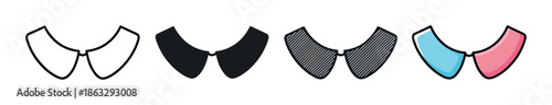Four Peter Pan collar vector icons in a set showing different styles including a simple outline, a solid black silhouette, a hatched pattern, and a colorful doodle illustration