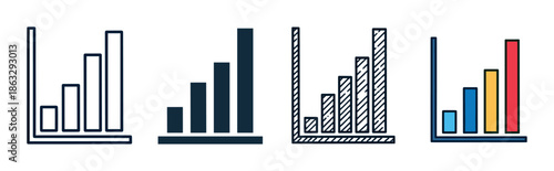 Set of four bar chart icons showing business growth, presented in various minimalist styles including outline, solid fill, hatched, and colorful for data visualization