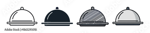 Set of four food cloche icons presented in various design styles including simple outline, solid silhouette, hand-drawn sketch, and a colored flat design illustration