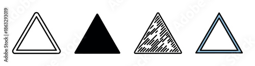 Set of four triangle icons showing different design styles including outline, solid black silhouette, hatched pattern, and a blue colored frame for graphic design elements