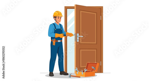 A construction worker installing a door lock with tools nearby