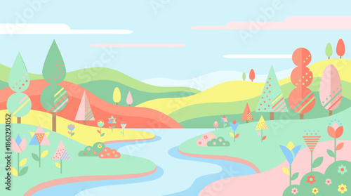 A stylized landscape illustration depicting a colorful river flowing through rolling hills and trees.