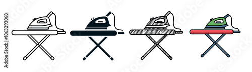 Collection of iron and ironing board pictograms in four distinct artistic styles, featuring a simple outline, a solid silhouette, a hand-drawn sketch, and a flat color illustration