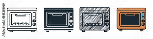 Set of four toaster oven icons in different artistic styles including simple line art, a solid silhouette, a hand-drawn sketch, and a colored flat design illustration