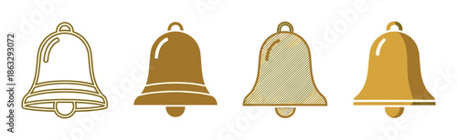 Four golden bell icons in various styles including outline, solid fill, and hatched pattern, representing notification, alarm, and holiday celebration symbols in a graphic set