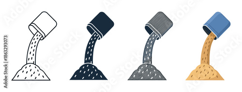 Set of four building material icons showing a bucket pouring sand or cement to form a pile, presented in various styles including outline, glyph, hatched, and flat color
