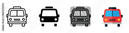 Collection of bus transportation icons presented in four distinct graphic styles: simple outline, black silhouette, hatched sketch, and a modern flat color illustration