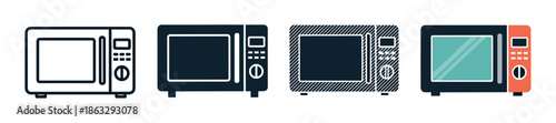 Set of four microwave oven icons presented in various modern graphic styles including simple outline, solid silhouette, hatched texture, and flat color design