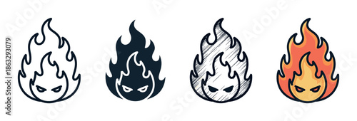 Set of four cartoon fire mascot icons with angry expressions, showing different styles like simple line art, solid silhouette, sketched doodle, and colored illustration