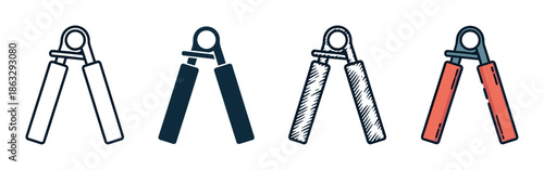 Hand gripper fitness equipment icon set in four different styles including line art, glyph, sketch, and color for strength training and muscle building concepts