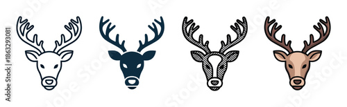 Set of four deer head icons presented in various design styles including simple outline, solid silhouette, hatched sketch, and a full color cartoon illustration